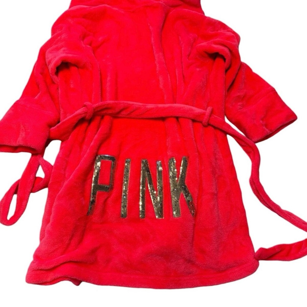 Victoria’s Secret PINK Plush Hooded Robe Gold Sequin Logo Cozy Soft Bath Wrap - Picture 2 of 5